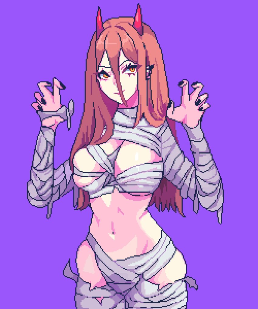 1girl alternate_breast_size bandaged_arm bandaged_chest bandaged_leg bandaged_neck bandages breasts chainsaw_man claw_pose cleavage closed_mouth cowboy_shot halloween_costume highres large_breasts long_hair looking_at_viewer mummy_costume navel orange_hair pixel_art pixelcadete power_(chainsaw_man) simple_background smile solo standing stomach thighs wrist_wrap yellow_eyes