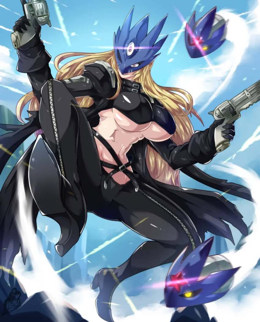1girl arm_scarf beelstarmon belt belt_collar black_gloves black_jacket black_mask black_pants black_scarf blonde_hair breasts coat collar cropped_vest digimon digimon_(creature) eye_mask fly_bullet gloves gun highres holding holding_gun holding_weapon jacket large_breasts leather leather_jacket leather_pants lipstick long_hair makeup mask multiple-barrel_gun navel pants ranaparlante scarf solo third_eye tight_clothes tight_pants underboob vest weapon zipper