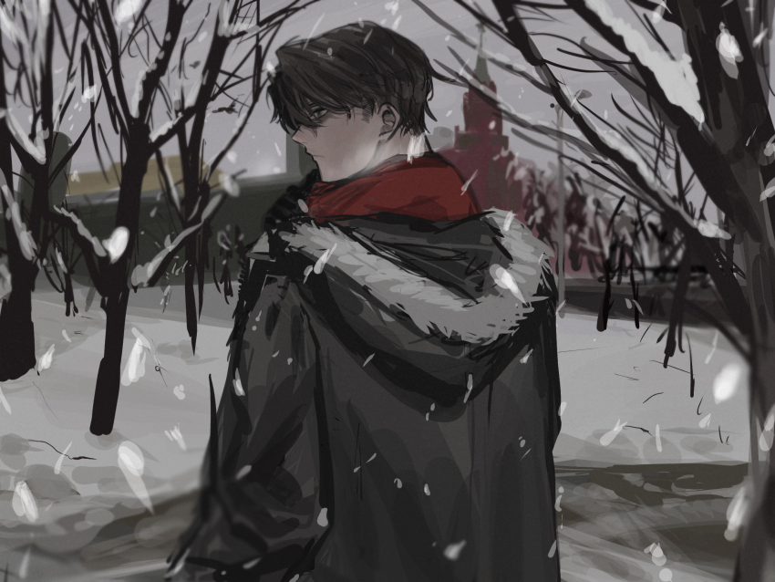 1boy black_jacket fur-trimmed_hood fur_trim highres hood hood_down hooded_jacket jacket kremlin male_focus original outdoors personification russia_(saboten92) saboten92 snow snowing solo upper_body