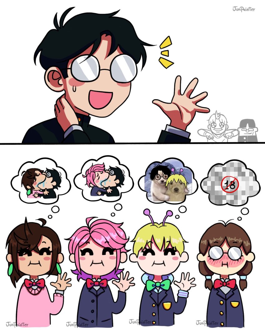 4girls antennae ayase_momo blonde_hair blush dandadan glasses highres imagining junpainter kiss meme multiple_girls pink_hair school_uniform speech_bubble takakura_ken_(dandadan) thought_bubble yoshi_and_toad_kissing_(meme)