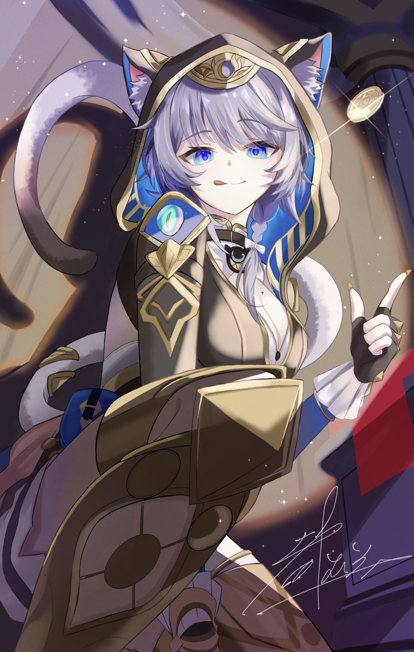 1girl absurdres animal_ear_fluff animal_ears animal_hood armored_boots black_gloves blue_eyes boots breasts cat_ears cat_hood cat_tail cipher_(honkai:_star_rail) cleavage coin commentary_request fingerless_gloves gloves gold_coin grey_hair highres honkai:_star_rail honkai_(series) hood licking_lips looking_at_viewer medium_breasts miyako_hanabi short_hair signature solo tail thighs tongue tongue_out yellow_nails