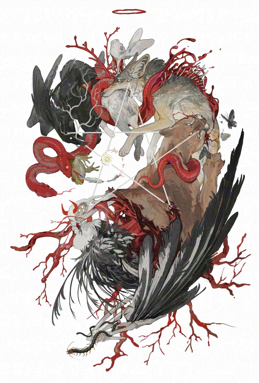 absurdres animal animal_focus animal_skeleton bird blood bug butterfly fish frog halo highres insect moth nightcrow no_humans original rabbit red_halo shrimp simple_background skeleton snake star_(symbol) vulture white_background wolf