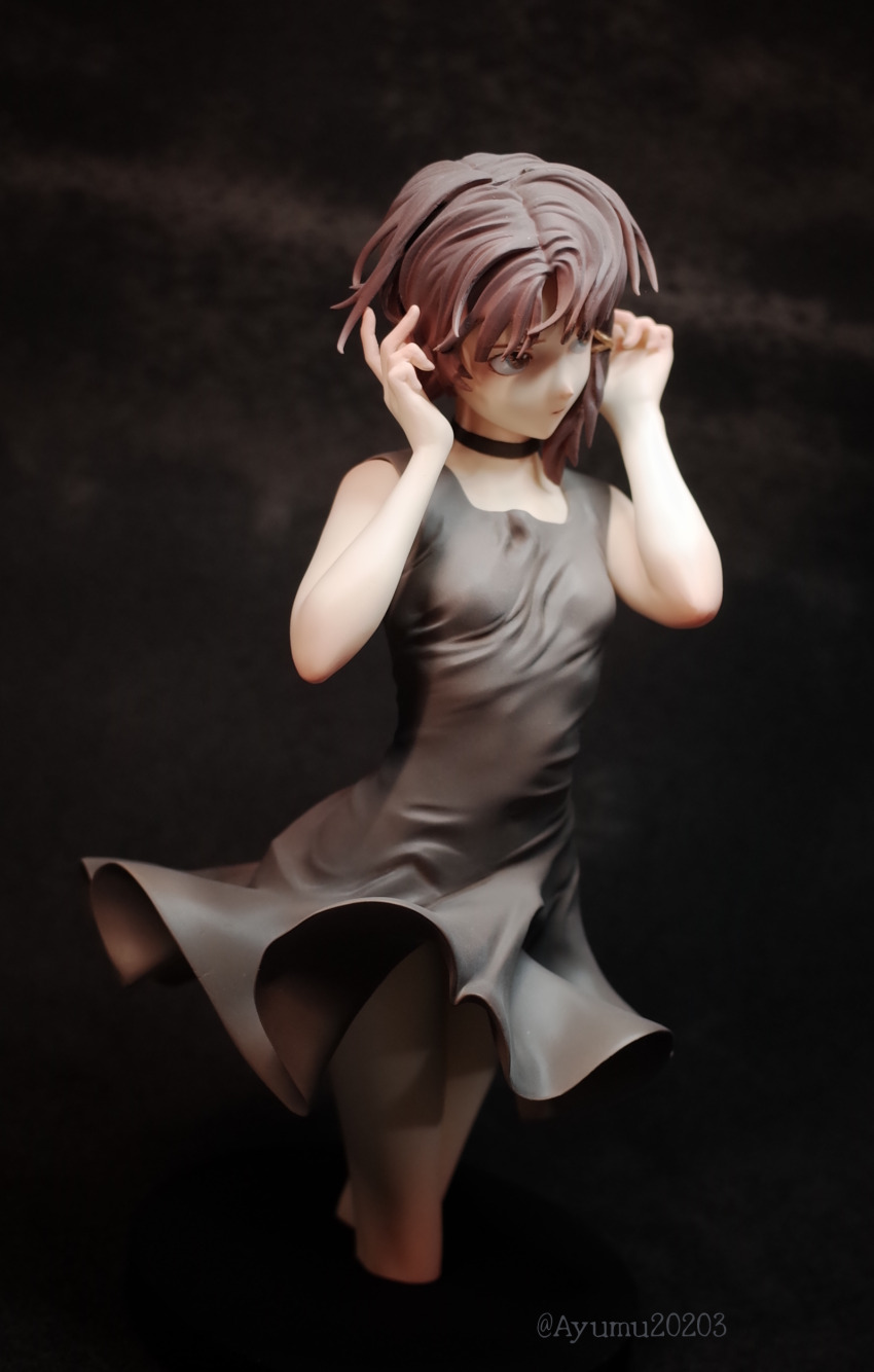 1girl absurdres breasts brown_eyes brown_hair choker dress garage_kit_(medium) grey_dress hamano_ayumu highres iwakura_lain photo_(medium) serial_experiments_lain short_hair small_breasts solo unconventional_media