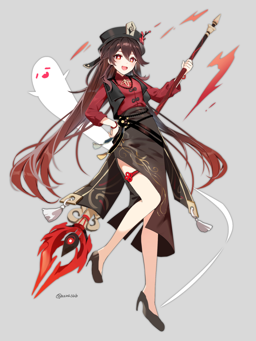 1girl alternate_costume azna bare_legs black_footwear black_hair black_skirt black_vest boo_tao_(genshin_impact) bracelet brown_hair commentary_request flower-shaped_pupils genshin_impact ghost gradient_hair grey_background hand_on_own_hip hat high_heels highres holding holding_staff hu_tao_(genshin_impact) jewelry looking_at_viewer multicolored_hair open_mouth porkpie_hat red_eyes red_hair red_shirt shirt side_slit simple_background skirt smile solo staff staff_of_homa_(genshin_impact) symbol-shaped_pupils thigh_strap vest