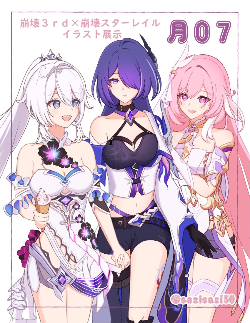 3girls absurdres acheron_(honkai:_star_rail) asymmetrical_legwear bare_shoulders black_gloves black_shorts breasts cleavage clothing_cutout commentary_request corset cowboy_shot crop_top diamond-shaped_pupils diamond_(shape) dress elysia_(herrscher_of_human:_ego)_(honkai_impact) elysia_(honkai_impact) gloves grey_tiara hair_between_eyes hair_ornament hair_over_one_eye highres holding holding_ice_cream_cone honkai:_star_rail honkai_(series) honkai_impact_3rd ice_cream_cone kiana_kaslana kiana_kaslana_(herrscher_of_finality) large_breasts leg_tattoo long_hair looking_at_another midriff multiple_girls navel open_mouth pink_hair ponytail purple_hair sazisazi50 short_shorts shorts side_cutout simple_background single_glove smile star-shaped_pupils star_(symbol) symbol-shaped_pupils tattoo teeth thighs translation_request triquetra twitter_username upper_teeth_only very_long_hair white_background white_corset white_dress white_gloves white_hair
