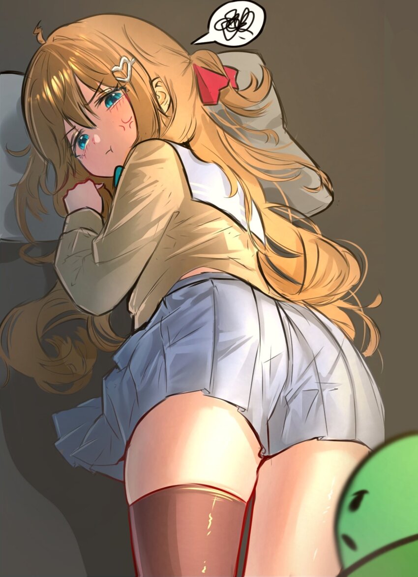 1girl ahoge anger_vein blue_eyes blue_skirt borzoii bow bowtie brown_hair cardigan heart highres long_hair long_sleeves neuro-sama pout ribbon sailor_collar skirt tagme two_side_up vedal987 vedal_ai virtual_youtuber yellow_cardigan