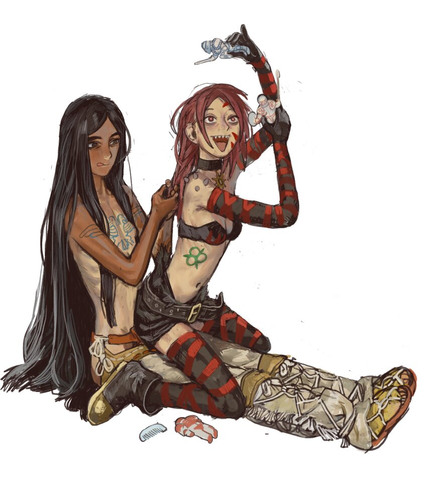 1boy 1girl aged_down androgynous bags_under_eyes bare_shoulders belt bishounen black_belt black_bra black_choker black_gloves black_hair black_skirt black_thighhighs bra braiding_hair breasts brown_eyes brown_footwear brown_pants chaos_(warhammer) chaos_undivided_(symbol) chest_tattoo choker comb crotchless crotchless_pants cultist-chan dark-skinned_male dark_skin elbow_gloves emperor_of_mankind facial_tattoo facing_viewer figure full_body gloves hair_between_eyes hairdressing hand_on_own_hip highleg highleg_panties highres knee_cutout leg_tattoo loincloth long_arms long_hair looking_at_viewer looking_up loose_belt messy_hair mossacannibalis navel nurgle_(symbol) open_mouth panties pants playing playing_with_another&#039;s_hair red_eyes red_hair red_loincloth revealing_clothes rust sharp_teeth shoes showgirl_skirt simple_background sitting sitting_on_lap sitting_on_person skinny skirt slaanesh_(symbol) small_breasts solo_focus strapless strapless_bra striped_clothes striped_panties tan tanline tattoo teeth thighhighs thighs tongue tongue_out topless_male torn_clothes tzeentch_(symbol) underwear very_long_hair warhammer_40k white_background