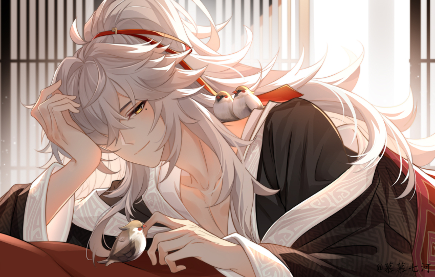 1boy 7-river animal animal_on_shoulder artist_name bird bird_on_shoulder black_hanfu bloom blurry blurry_background chinese_clothes closed_mouth collarbone commentary_request crossed_bangs elbow_rest hair_intakes hair_over_one_eye hair_ribbon hanfu head_rest high_ponytail honkai:_star_rail honkai_(series) indoors jing_yuan light_particles long_hair long_sleeves looking_at_viewer lying male_focus mole mole_under_eye on_stomach one_eye_covered parted_bangs pectoral_cleavage pectorals ponytail red_ribbon ribbon sayagata sidelocks smile solo white_hair wide_sleeves yellow_eyes