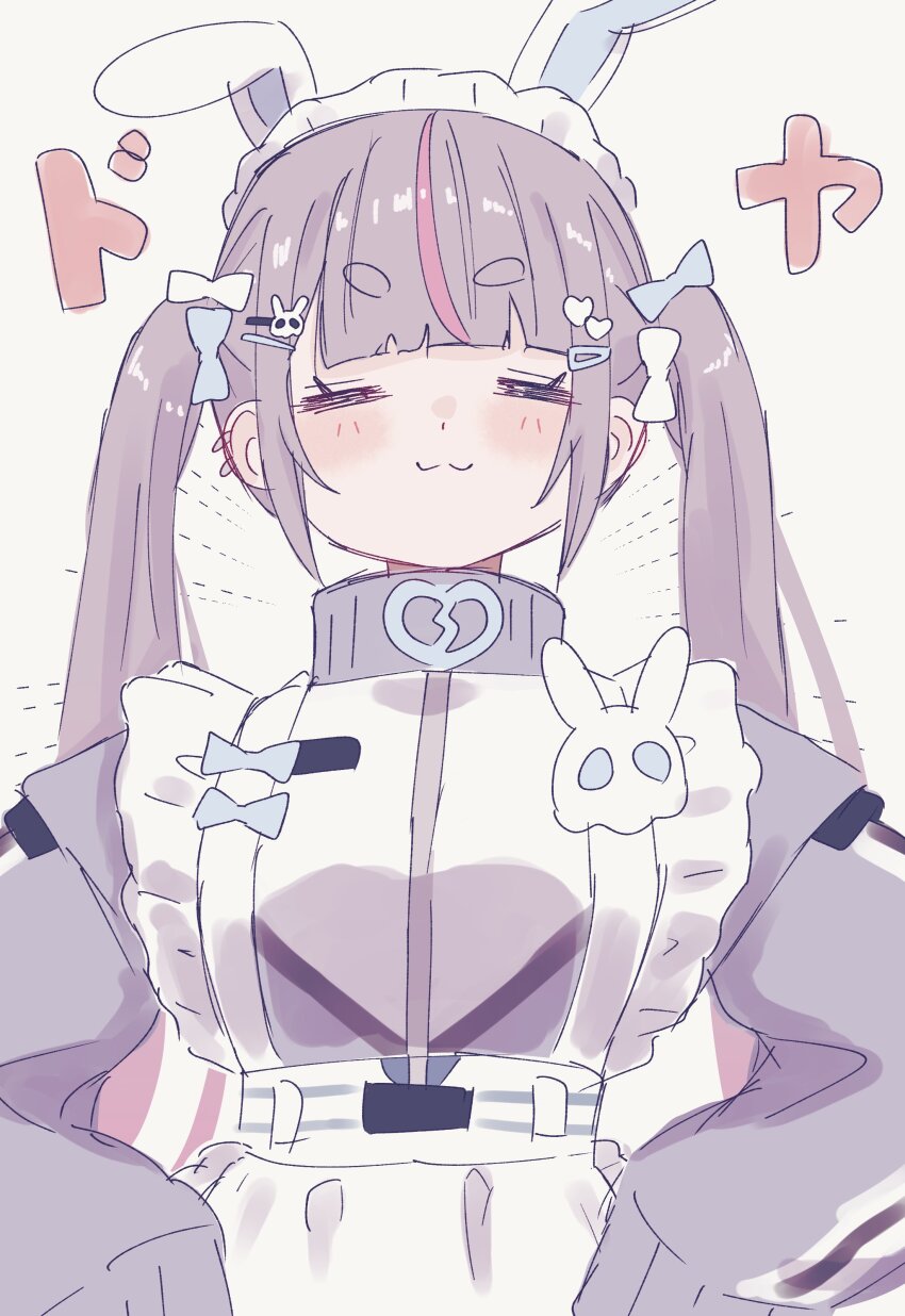 1girl :3 absurdres animal_ear_hairband animal_ears apron blunt_bangs bow cattleya_regina_games closed_eyes doyagao fake_animal_ears frilled_apron frills grey_jacket hair_bow hair_ornament hairband hairpin hands_on_own_hips heart heart_hair_ornament high_collar highres jacket jersey_maid light_blush long_sleeves maid maid_apron maid_headdress multicolored_hair multiple_hairpins purple_hair shimoyake_(lethal_penguin) sidelocks simple_background sketch sleeves_past_fingers sleeves_past_wrists smug solo streaked_hair thick_eyebrows tosaki_mimi tosaki_mimi_(4th_costume) track_jacket twintails unconventional_maid upper_body virtual_youtuber vspo! white_background
