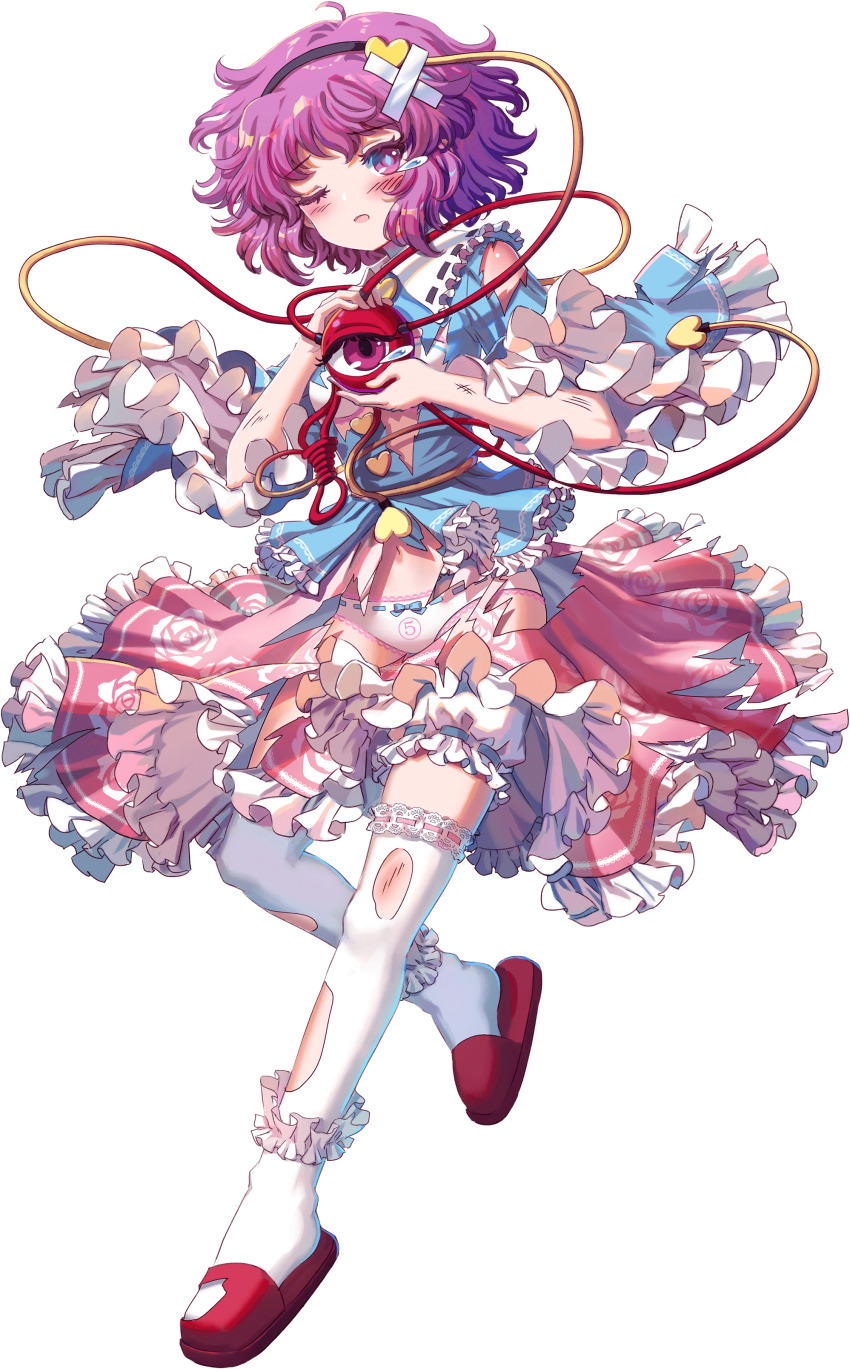 1girl 5_(number) absurdres anklet bloomers blue_ribbon blue_shirt bra buttons capelet circled_5 crossed_bandaids floral_print frilled_anklet frilled_shirt frilled_skirt frilled_sleeves frilled_thighhighs frills game_cg heart_button highres holding_eyeball injury jewelry komeiji_satori kumio looking_at_viewer navel non-web_source number_print one_eye_closed panties pink_skirt purple_eyes purple_hair red_slippers ribbon rose_print shirt short_hair skirt slippers tachi-e teardrop thighhighs third_eye torn_clothes torn_footwear torn_shirt torn_skirt torn_thighhighs touhou touhou_blooming_chaos underwear white_bloomers white_bra white_capelet white_panties white_thighhighs zettai_ryouiki