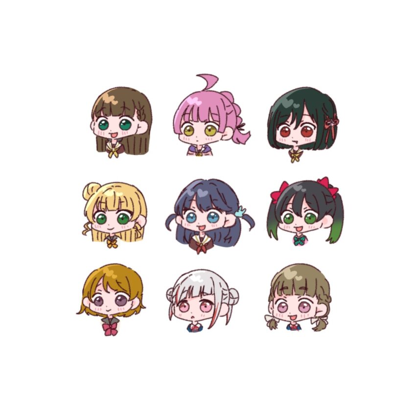 6+girls ahoge anyoji_hime anyoji_hime_(cosplay) arashi_chisato arashi_chisato_(cosplay) blonde_hair blue_eyes blue_hair borrowed_hairstyle bow bowtie braid brown_dress brown_hair cardigan chibi chibi_only cosplay costume_switch diagonal-striped_bow diagonal-striped_bowtie diagonal-striped_clothes dress fang fang_out gradient_hair green_bow green_bowtie green_eyes green_hair hair_ornament half_up_braid harusame_soup_(har_s_k) hasu_no_sora_school_uniform heanna_sumire highres hinoshita_kaho hinoshita_kaho_(cosplay) jacket kachimachi_kosuzu kachimachi_kosuzu_(cosplay) koizumi_hanayo link!_like!_love_live! long_hair look-alike love_live! love_live!_nijigasaki_high_school_idol_club love_live!_school_idol_project love_live!_sunshine!! love_live!_superstar!! low_twintails mifune_shioriko mole mole_on_neck momose_ginko momose_ginko_(cosplay) multi-tied_hair multicolored_hair multiple_girls murano_sayaka neck_ribbon neckerchief open_clothes open_jacket otonokizaka_school_uniform pink_cardigan pink_eyes pink_jacket ponytail rabbit_hair_ornament red_bow red_bowtie red_eyes red_hair red_neckerchief red_ribbon ribbon sailor_collar sakurakoji_kinako sakurakoji_kinako_(cosplay) school_uniform sidelocks simple_background streaked_hair striped_clothes takasaki_yu tennoji_rina tsushima_yoshiko tsushima_yoshiko_(cosplay) twintails two_side_up uranohoshi_school_uniform virtual_youtuber watanabe_you watanabe_you_(cosplay) white_background white_sailor_collar winter_uniform yazawa_nico yazawa_nico_(cosplay) yellow_bow yellow_bowtie yellow_eyes yellow_neckerchief yugiri_tsuzuri