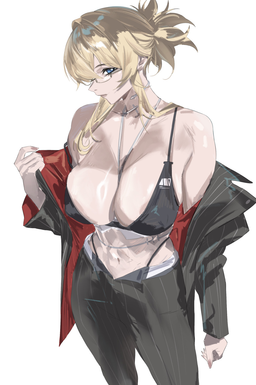 1girl absurdres bare_shoulders black_bra black_pants blonde_hair blue_eyes bra breasts closed_mouth collarbone cowboy_shot glasses goddess_of_victory:_nikke grave_(beautiful_you)_(nikke) grave_(nikke) highres huge_breasts looking_at_viewer necklace_between_breasts pants ponytail sidelocks solo standing taiyang_yu underwear