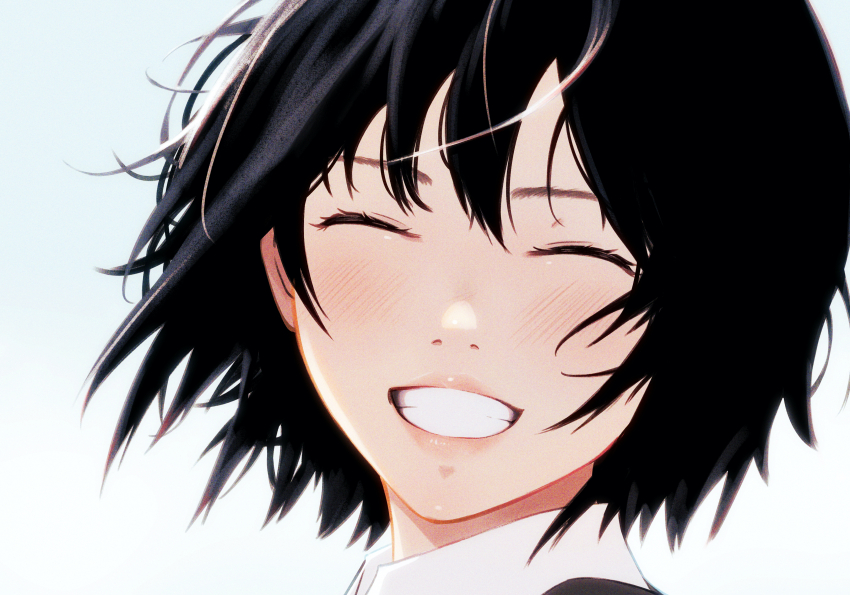 1girl absurdres amagami black_hair clenched_teeth close-up closed_eyes highres light_blush nanasaki_ai oshizu portrait short_hair smile solo teeth