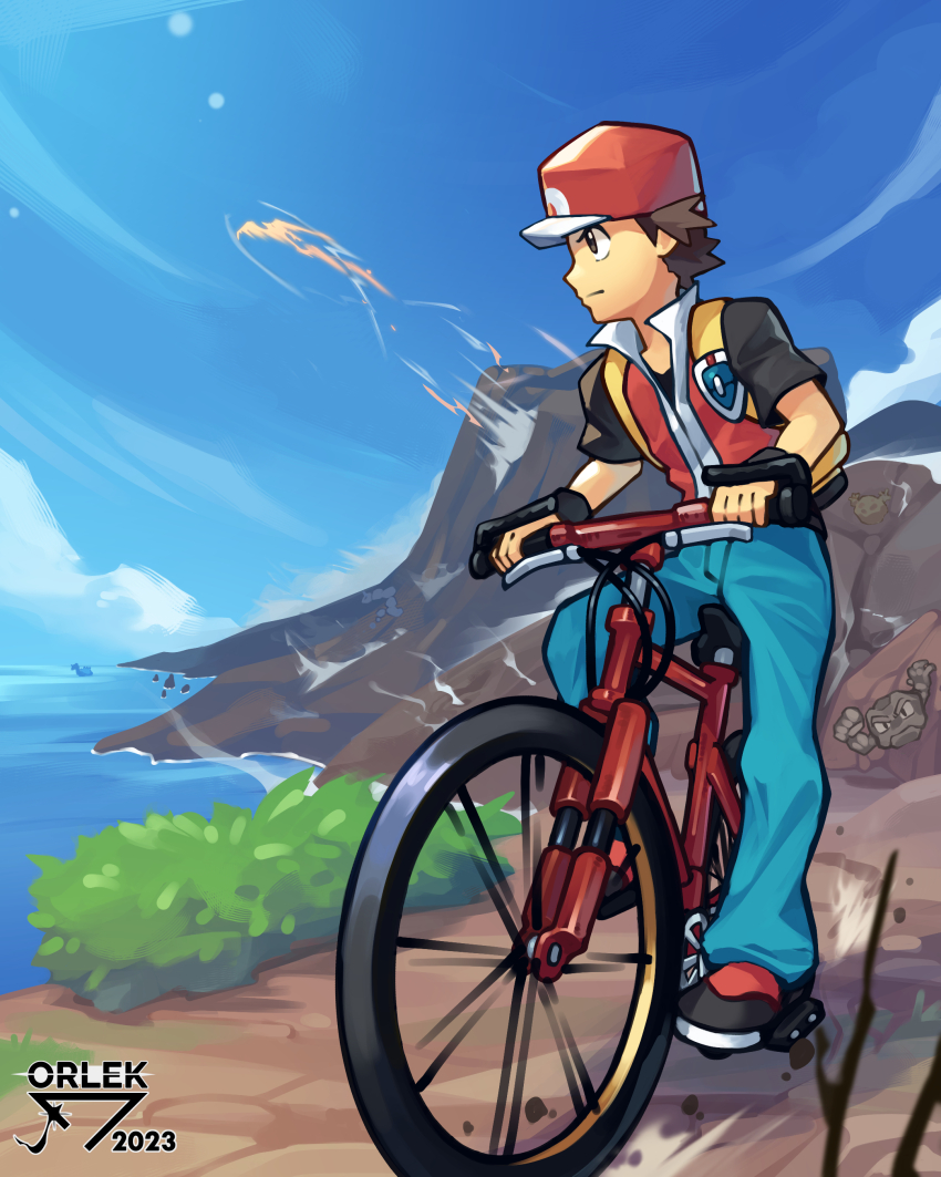1boy absurdres aqua_pants artist_name bicycle black_footwear black_shirt brown_hair closed_mouth cloud commentary day gen_1_pokemon geodude graveler hat highres holding lapras looking_to_the_side male_focus nintendo orlek outdoors pants pokemon pokemon_(creature) pokemon_frlg red_(pokemon) red_hat red_vest riding riding_bicycle shirt shoes short_hair short_sleeves sitting sky t-shirt vest vs_seeker water