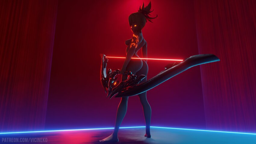 1girl 3d absurdres ass bow breasts genshin_impact highres kitsuneecchi nude solo standing tattoo vicineko yoimiya_(genshin_impact)