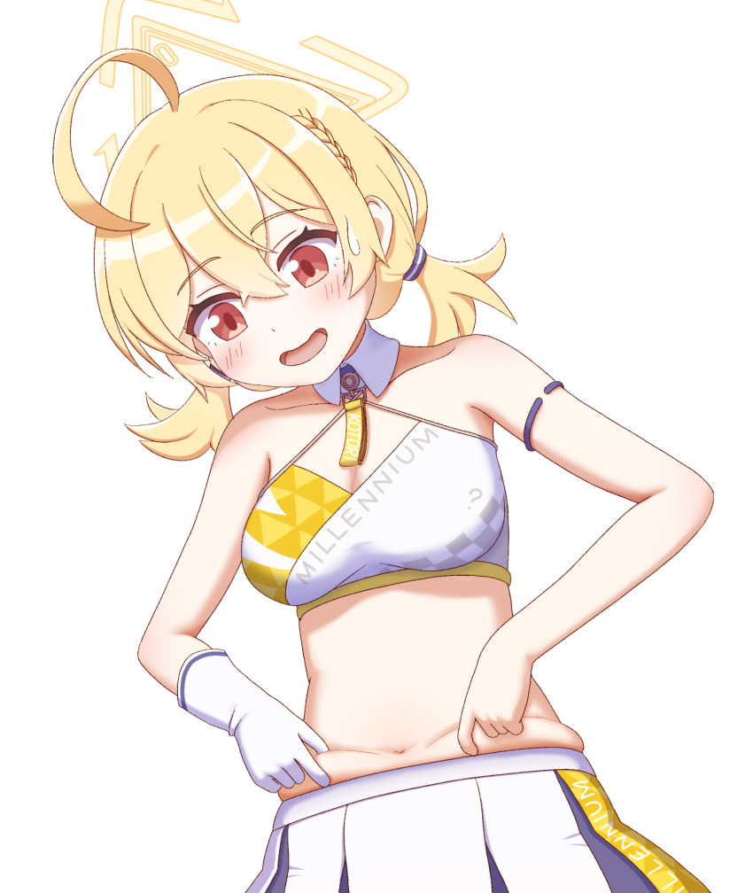 1girl ahoge bare_shoulders belly_grab blonde_hair blue_archive blush breasts cheerleader cleavage collarbone commentary cowboy_shot detached_collar double-parted_bangs dutch_angle gloves hair_between_eyes halo highres huge_ahoge kotori_(blue_archive) kotori_(cheer_squad)_(blue_archive) looking_down low_twintails medium_breasts medium_hair millennium_cheerleader_outfit_(blue_archive) mugisepa navel official_alternate_costume open_mouth plump red_eyes simple_background single_glove smile solo sports_bra sweatdrop triangle_halo twintails weight_conscious white_background white_gloves yellow_halo