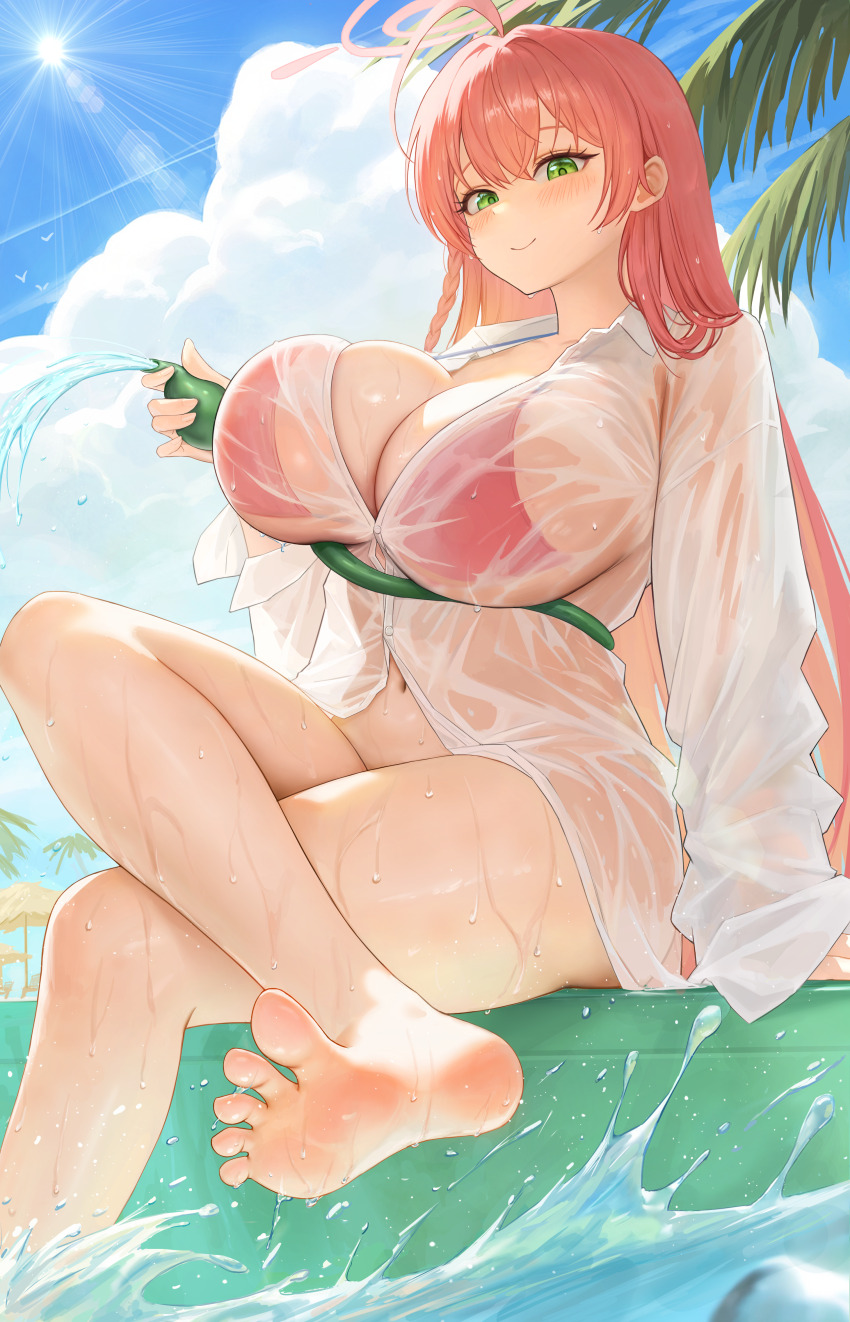 1girl absurdres ahoge arm_support bikini blue_archive blue_sky breasts commentary crossed_legs day feet green_eyes halo hanako_(blue_archive) hanako_(swimsuit)_(blue_archive) heine_(haloo1101) highres hose huge_breasts long_sleeves looking_at_viewer official_alternate_costume outdoors red_bikini red_hair see-through_clothes see-through_shirt shirt sky smile soles solo spread_toes sun swimsuit thighs toes wet wet_clothes wet_shirt white_shirt