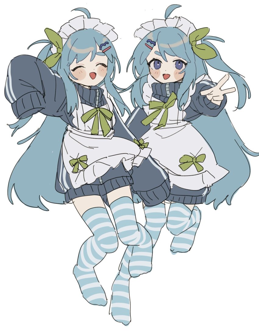2girls :d ^_^ ahoge apron bemani blue_eyes blue_hair blue_jacket blue_thighhighs blush_stickers bow closed_eyes commentary_request facing_viewer flat_color frilled_apron frills full_body green_bow green_ribbon hair_bow hair_ornament hairclip highres jacket jersey_maid leg_up long_hair long_sleeves looking_at_viewer maid maid_apron maid_headdress multiple_girls near_(sound_voltex) neck_ribbon no_shoes noah_(sound_voltex) one_side_up open_mouth ribbon saku_(saku_3193) siblings side-by-side sidelocks simple_background sisters sleeves_past_fingers sleeves_past_wrists smile sound_voltex striped_clothes striped_thighhighs thick_eyebrows thighhighs track_jacket twins unconventional_maid v white_background zipper