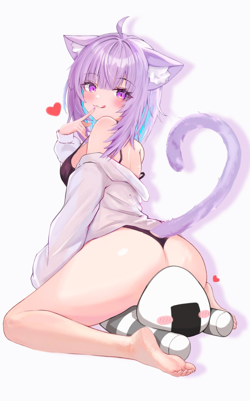 1girl absurdres ahoge animal_ear_fluff ass barefoot black_bra black_panties blue_hair blush bra breasts colored_inner_hair hashtag-only_commentary heart highres hololive looking_at_viewer medium_breasts medium_hair multicolored_hair nekomata_okayu nekomata_okayu_(oversized_shirt) official_alternate_costume onigirya_(nekomata_okayu) panties purple_eyes purple_hair shiemika324 shirt smile solo two-tone_hair underwear virtual_youtuber white_background white_shirt