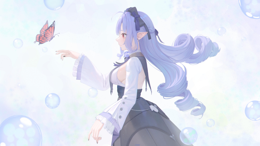 1girl absurdres air_bubble black_dress braid breasts bubble bug butterfly dress drill_hair from_side half_up_braid highres insect long_hair long_sleeves looking_at_animal mrotan pointy_ears profile purple_hair reaching red_eyes shrug_(clothing) sideboob sideboob_cutout solo vivian_(zenless_zone_zero) white_shrug zenless_zone_zero