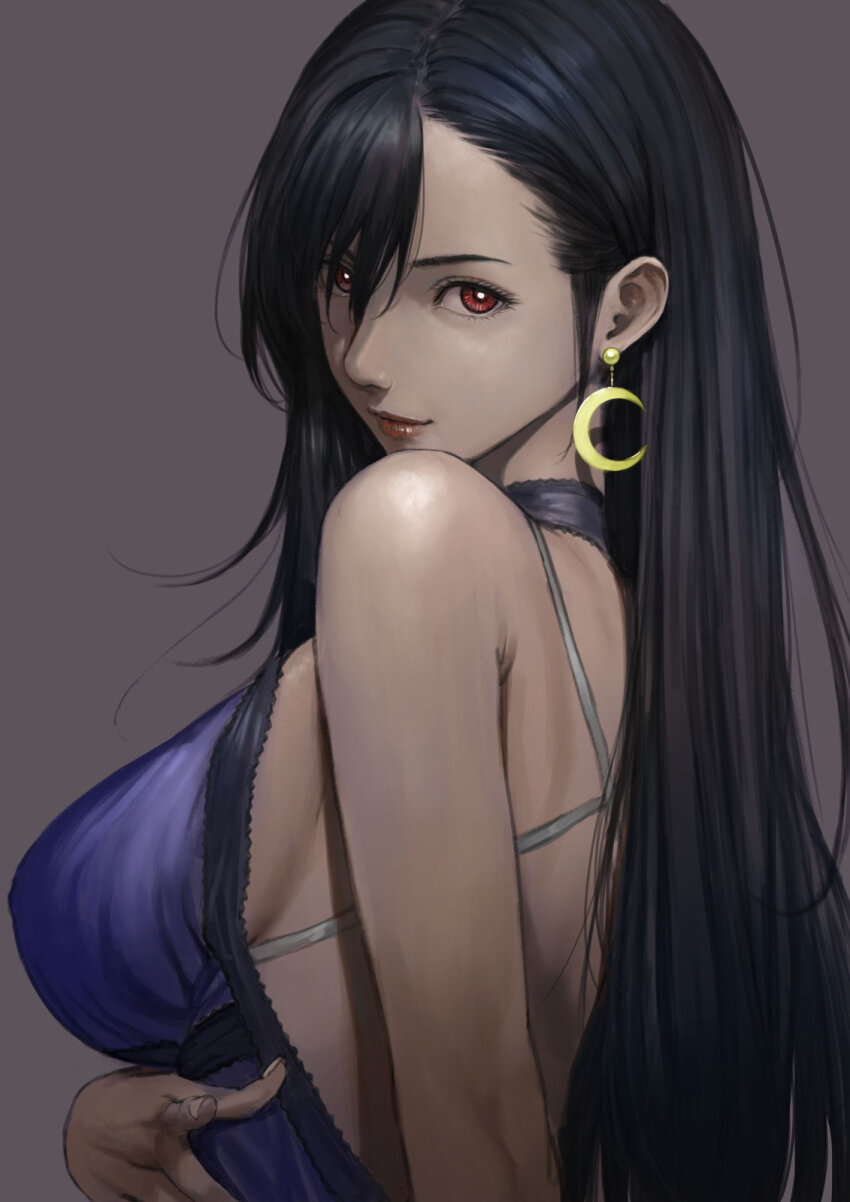 1girl bare_arms bare_shoulders black_hair breasts crescent crescent_earrings dress earrings final_fantasy final_fantasy_vii final_fantasy_vii_remake grey_background highres jewelry large_breasts lips long_hair looking_at_viewer nose official_alternate_costume omeno_(digitalome) pointing pointing_at_viewer purple_dress red_eyes red_lips sideboob simple_background solo swept_bangs tifa_lockhart tifa_lockhart_(refined_dress) upper_body