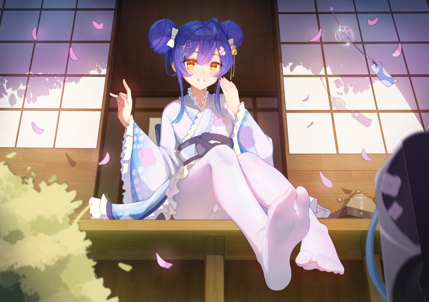 1girl absurdres amamiya_kokoro architecture blue_hair blue_kimono blurry blurry_foreground blush border bow breasts doorway double-parted_bangs double_bun east_asian_architecture eyelashes falling_petals feet floral_print floral_print_kimono foot_focus foreshortening frilled_kimono frills full_body gradient_clothes gradient_kimono hair_between_eyes hair_bow hair_bun hair_ornament hands_up highres japanese_clothes kimono knees_together_feet_apart legs looking_at_viewer nijisanji no_shoes obi obijime outdoors panties pantyhose petals print_kimono purple_kimono sandals sash shadow sidelocks sitting small_breasts smile soles solo tabi taichi_suzuki teeth thighs toenails toes underwear unworn_sandals virtual_youtuber white_border white_panties white_pantyhose wide_sleeves wind_chime x_hair_ornament yellow_eyes