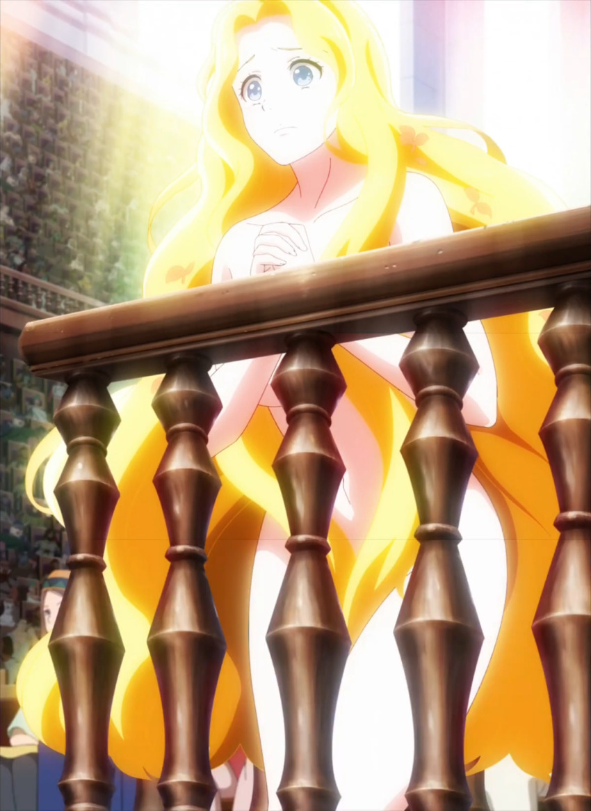 1girl begging blonde_hair blue_eyes censored censored_nipples completely_nude convenient_censoring courtroom eve_(shuumatsu_no_valkyrie) hair_ornament highres long_hair navel nude praying public_indecency public_nudity scared screencap shuumatsu_no_valkyrie very_long_hair zenra