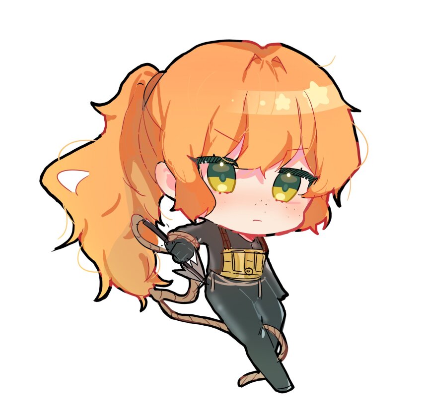 &gt;:( 1girl bodysuit chibi diving_suit freckles full_body green_eyes highres holding_harpoon ishmael_(project_moon) limbus_company molar_boatworks_(identity)_(project_moon) orange_hair project_moon rope side_ponytail simple_background solo v-shaped_eyebrows wetsuit white_background yukinatomi