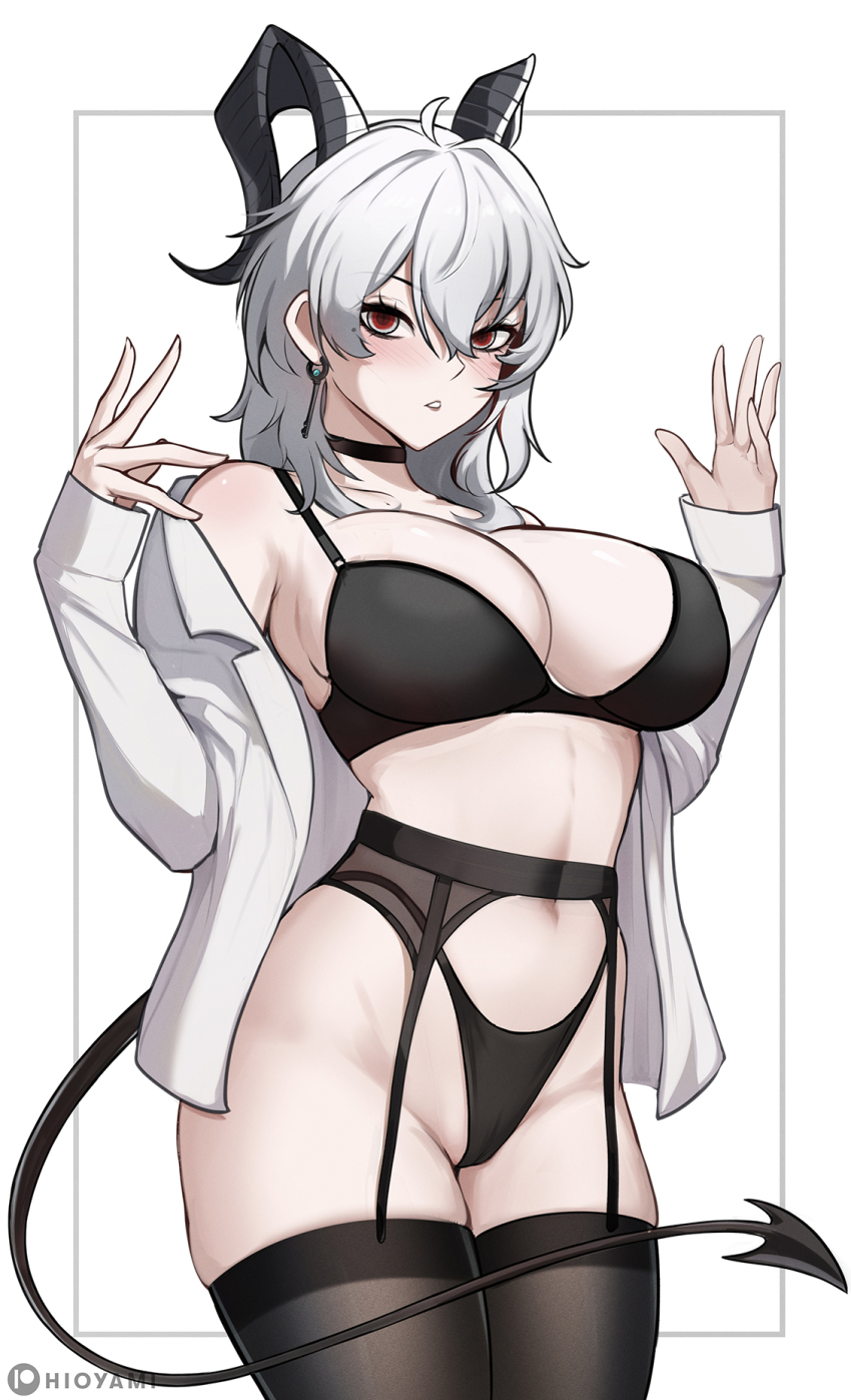 1girl bare_shoulders black_bra black_panties black_thighhighs blush bra breasts choker cleavage commentary demon_tail duplicate english_commentary garter_belt grey_hair highleg highleg_panties highres hioyami horns large_breasts long_sleeves looking_at_viewer medium_hair navel off_shoulder paid_reward_available panties pixel-perfect_duplicate red_eyes shirt solo tail thighhighs thighs underwear white_shirt wuthering_waves zani_(wuthering_waves)