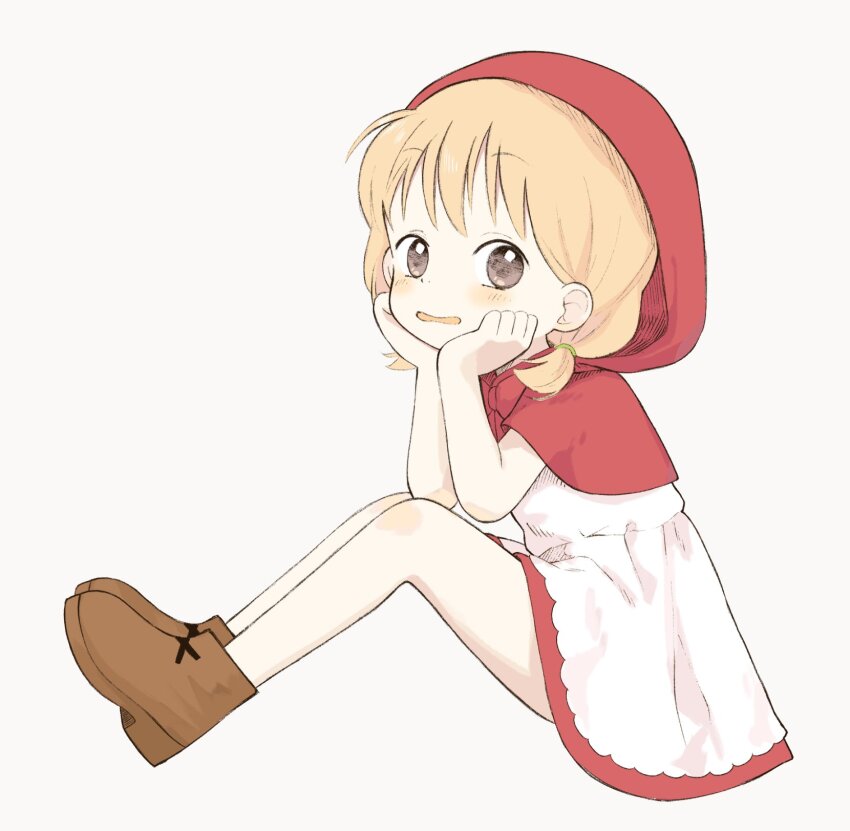 1girl akazukin_chacha bare_legs blonde_hair blush boots brown_boots brown_hair chacha_(akazukin_chacha) child cloak commentary_request dress from_side full_body hair_tie hands_on_own_cheeks hands_on_own_face hands_up highres hood hood_up hooded_cloak knees_up looking_at_viewer nanoningen_(anapoko) open_mouth red_cloak short_dress short_hair short_twintails simple_background sitting solo twintails white_background white_dress