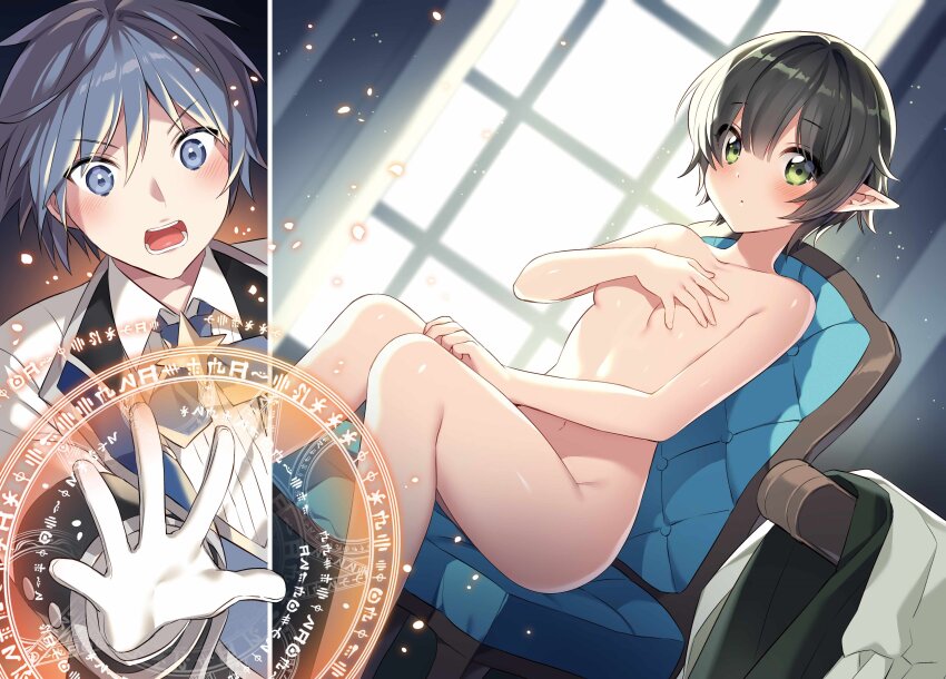 1boy 1girl absurdres black_hair blush bow bowtie covering_privates dress_shirt dutch_angle gloves green_eyes grey_hair hand_on_breasts highres jacket lyuk_b_forest magic_circle megami_ni_damasareta_ore_no_isekai_harem_seikatsu nardack novel_illustration nude_cover official_art on_chair open_hand open_mouth pointy_ears saly_e_wolel second-party_source shirt short_hair sitting unworn_clothes window