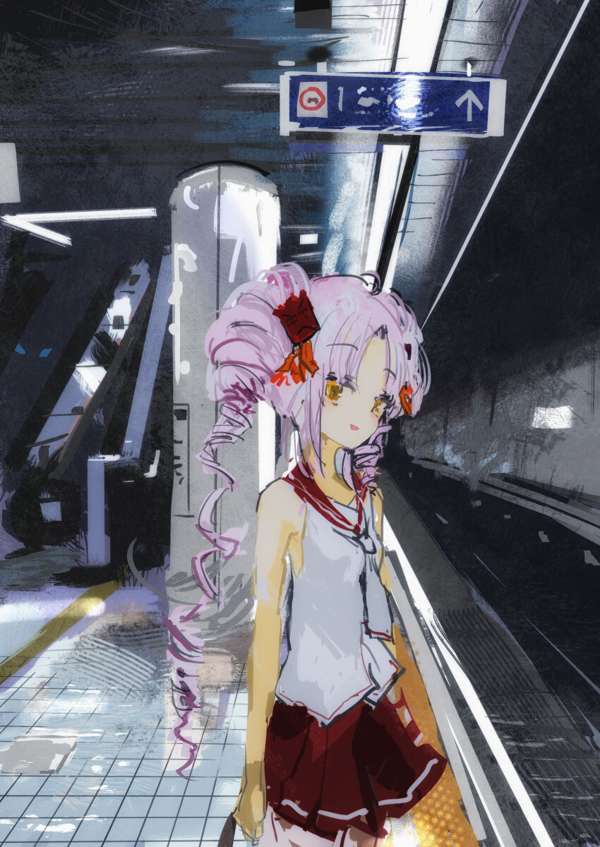 1girl absurdres arms_at_sides commentary_request cowboy_shot drill_hair escalator from_side hair_ornament highres kabuyama_kaigi long_hair looking_at_viewer looking_to_the_side neckerchief onikko_hunter_tsuina-chan open_mouth pink_hair railroad_tracks red_sailor_collar red_skirt sailor_collar shirt sign skirt smile solo standing subway_station train_station_platform tsuina-chan twin_drills voiceroid white_neckerchief white_shirt yellow_eyes