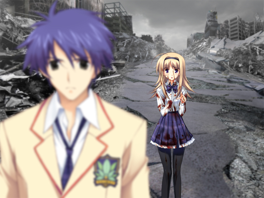 00s 1boy 1girl black_pantyhose blonde_hair blood blood_on_clothes blood_on_face blue_eyes blue_hair blue_skirt chaos;head green_eyes hairband long_hair nishijou_nanami nishijou_takumi outdoors pantyhose pleated_skirt ruins school_uniform skirt tears