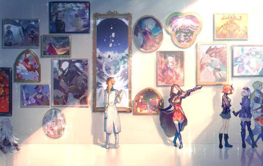 3boys 3girls abigail_williams_(fate) abigail_williams_(third_ascension)_(fate) agravain_(fate) anastasia_(fate) annotated armor art_gallery artoria_pendragon_(fate) artoria_pendragon_(lancer)_(fate) black_gloves blonde_hair blush breasts brown_hair closed_eyes commentary_request elbow_gloves facial_hair facing_away facing_viewer fate/grand_order fate_(series) florence_nightingale_(fate) francis_drake_(fate) fujimaru_ritsuka_(female) fujimaru_ritsuka_(female)_(polar_chaldea_uniform) gawain_(fate) gilgamesh gilgamesh_(caster)_(fate) gilgamesh_(fate) gloves goredolf_musik highres indoors ivan_the_terrible_(fate) james_moriarty_(archer)_(fate) jeanne_d&#039;arc_(fate) jeanne_d&#039;arc_(ruler)_(fate) jeanne_d&#039;arc_alter_(avenger)_(fate) jeanne_d&#039;arc_alter_(fate) kadoc_zemlupus lab_coat lancelot_(fate/grand_order) large_breasts leonardo_da_vinci_(fate) leonardo_da_vinci_(fate/grand_order) leonardo_da_vinci_(rider)_(fate) long_hair looking_at_another looking_away mash_kyrielight mash_kyrielight_(ortenaus) mebaru merlin_(fate) miyamoto_musashi_(fate) mordred_(fate) mordred_(fate/apocrypha) multiple_boys multiple_girls mustache nero_claudius_(fate) nero_claudius_(fate/extra) olga_marie_animusphere open_mouth painting_(object) pink_hair quetzalcoatl_(fate) romani_archaman scheherazade_(fate) seiza shi_huang_di_(fate) silver_hair sitting smile standing surtr_(fate) tiamat_(dragon)_(fate) tiamat_(fate) tristan_(fate) white_gloves