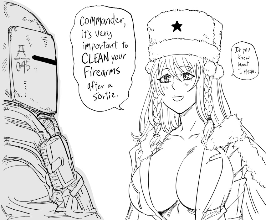 1boy 1girl ballistic_face_mask ballistic_face_shield ballistic_helmet bb_(baalbuddy) braid breasts cleavage dp28_(girls&#039;_frontline) english_text girls&#039;_frontline greyscale hair_between_eyes hat helmet highres large_breasts long_hair maska monochrome rainbow_six_siege speech_bubble tachanka_(rainbow_six_siege) upper_body visor visor_(armor) white_background