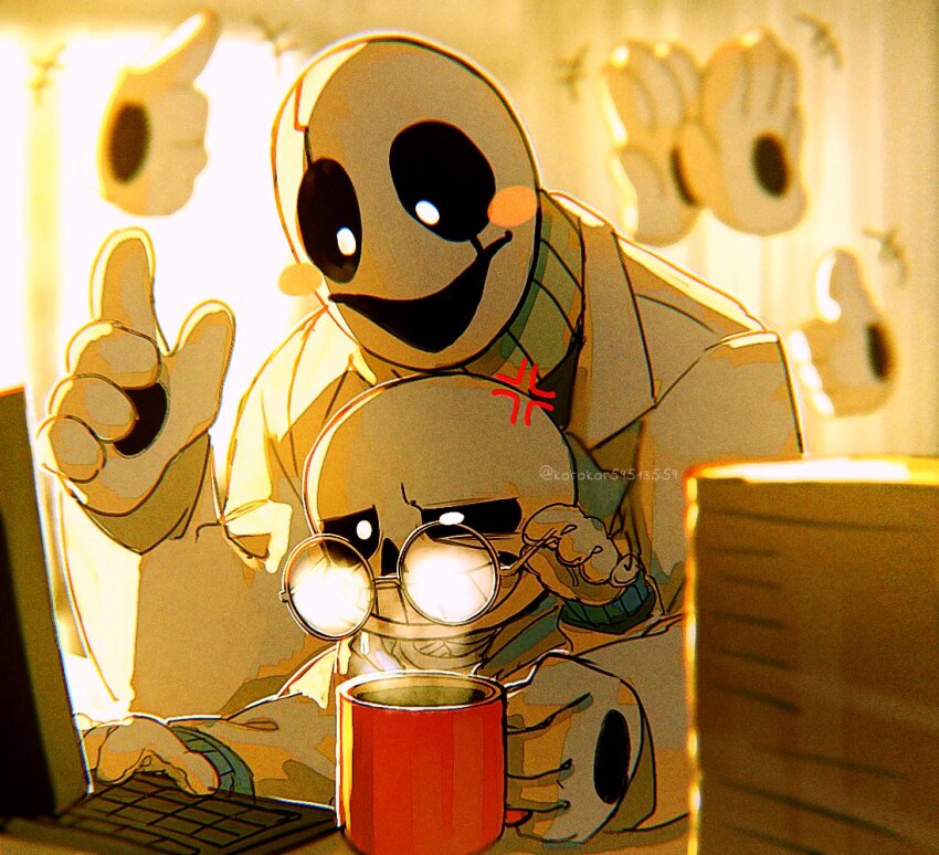 2boys anger_vein angry coffee coffee_mug computer cup glasses grin holding holding_cup hollow_eyes korokor59513559 lab_coat looking_down mug multiple_boys open_mouth sans_(undertale) sitting skeleton smile teeth undertale w.d._gaster white_eyes