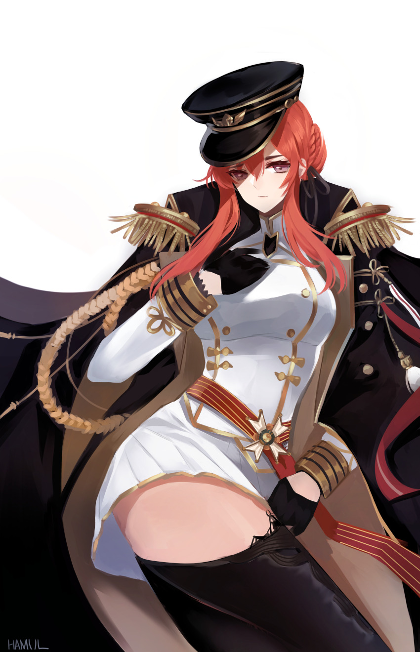 1girl absurdres aiguillette azur_lane black_gloves braid breasts coat crown_braid dress epaulettes gloves hair_between_eyes hair_bun hair_over_shoulder half_gloves hamul hat highres jacket jacket_on_shoulders long_hair looking_at_viewer military_uniform monarch_(azur_lane) open_clothes open_coat peaked_cap purple_eyes red_hair sidelocks skirt solo taut_clothes thighhighs thighs zettai_ryouiki