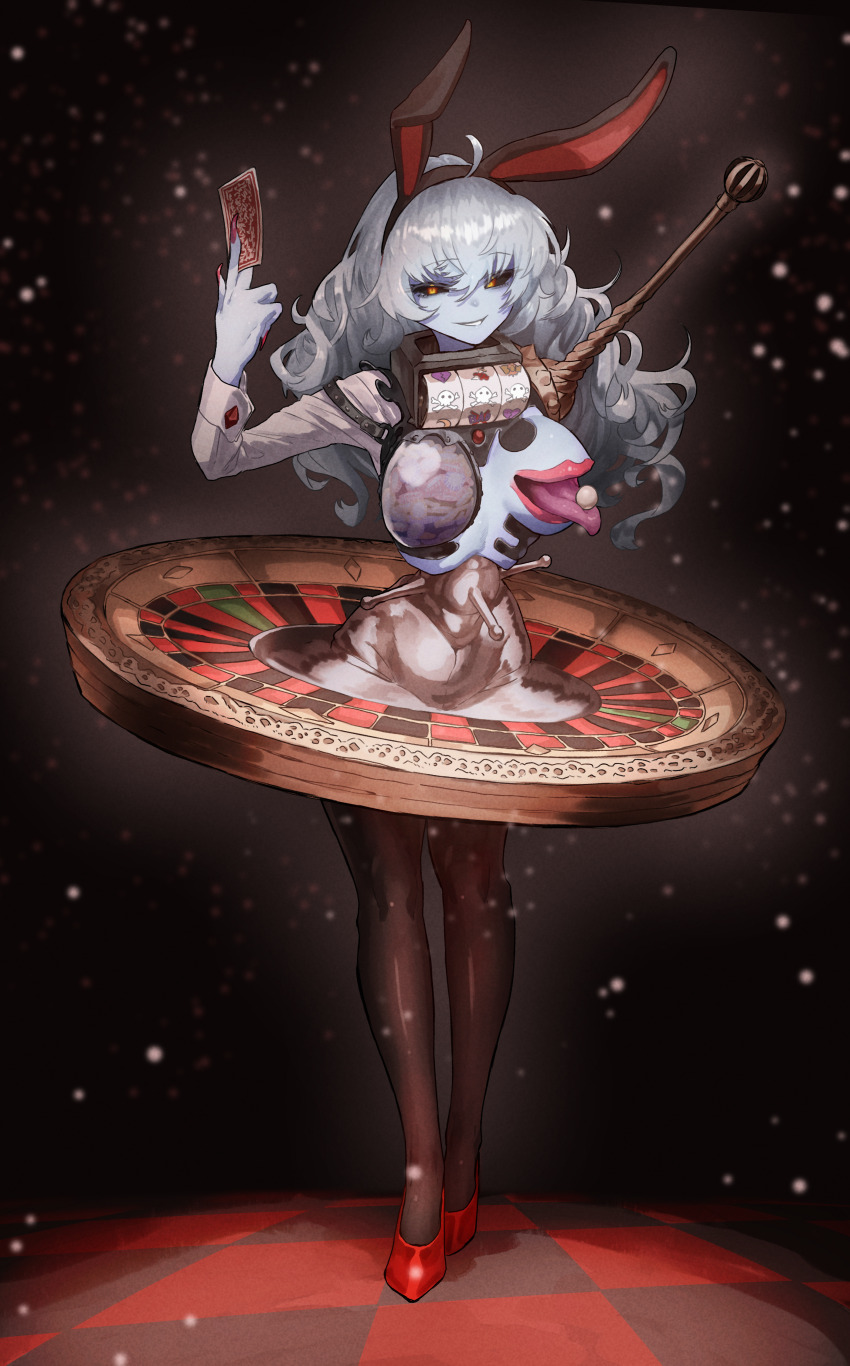 1girl absurdres ahoge amputee animal_ears ball black_pantyhose black_sclera blue_skin body_modification breasts checkered_floor colored_sclera colored_skin commentary ekrea_jan extra_mouth fake_animal_ears fingernails full_body grey_hair hair_between_eyes high_heels highres large_breasts leotard light_particles lips long_fingernails long_hair long_sleeves missing_limb narrow_waist original pantyhose playboy_bunny prosthesis prosthetic_arm rabbit_ears red_nails red_shoes roulette_table shoes single_sleeve slot_machine smile solo standing table