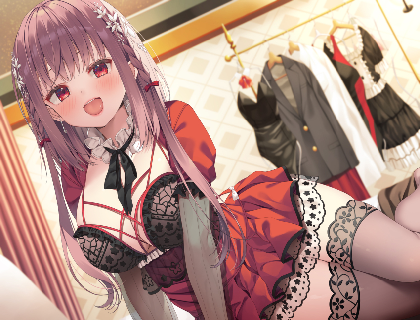 1girl :d absurdres asa_no_ha_(awayuki) black_bra black_dress black_jacket black_leotard black_thighhighs blurry blurry_background blush bra breasts brown_hair cleavage clothes_hanger clothes_rack dress dutch_angle frilled_dress frills hair_ornament hair_ribbon highres indoors jacket lab_coat large_breasts leotard long_hair looking_at_viewer non-web_source open_mouth original pleated_skirt red_dress red_eyes red_skirt ribbon sitting skirt smile solo teeth thighhighs underwear unworn_clothes unworn_leotard upper_teeth_only zettai_ryouiki