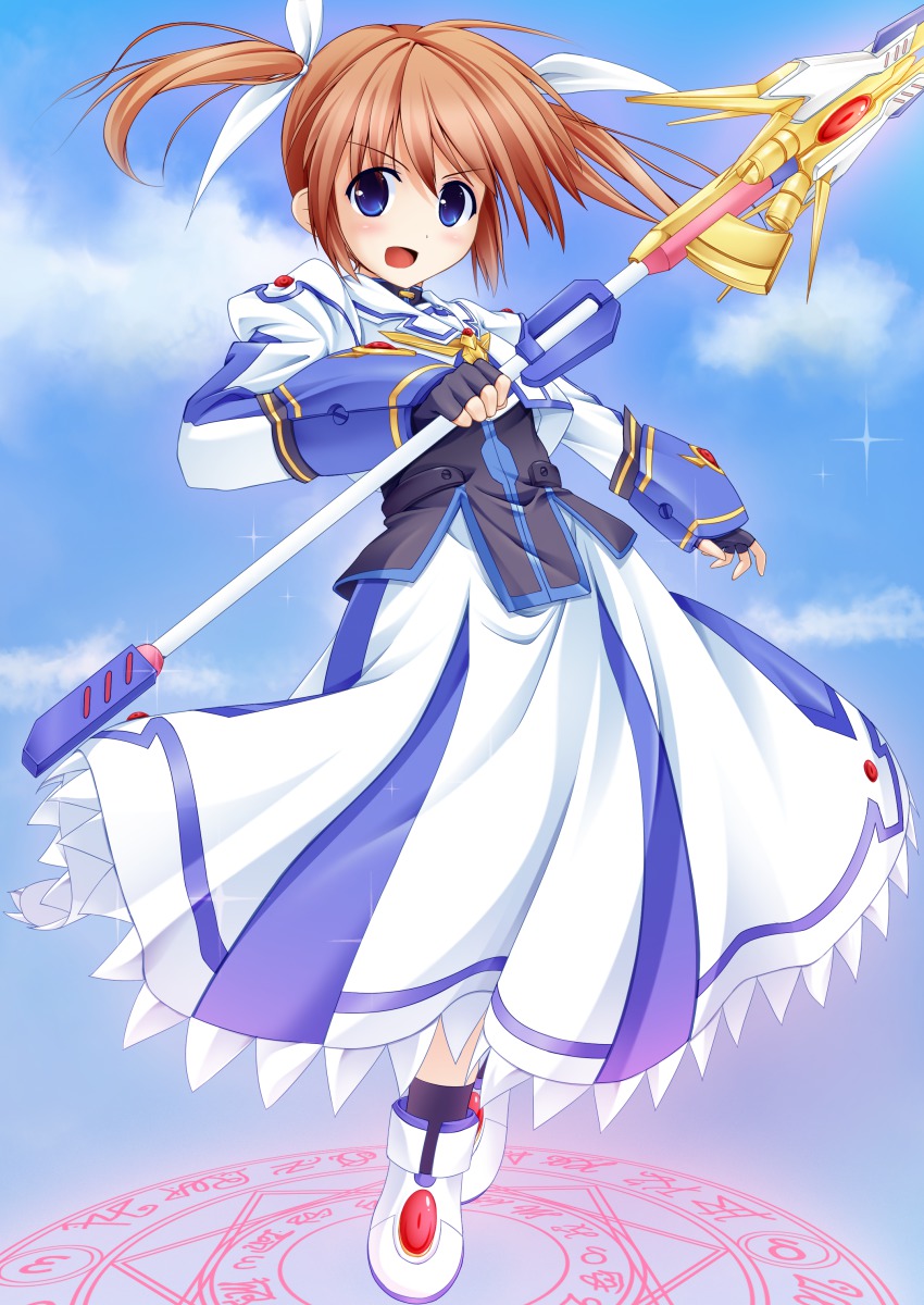 1girl absurdres akawata blue_eyes brown_hair female_focus fingerless_gloves gloves highres lyrical_nanoha magazine_(weapon) magic_circle mahou_shoujo_lyrical_nanoha mahou_shoujo_lyrical_nanoha_a&#039;s mahou_shoujo_lyrical_nanoha_the_movie_2nd_a&#039;s raising_heart raising_heart_(exelion_mode)_(2nd) solo standing standing_on_magic_circle takamachi_nanoha takamachi_nanoha_(exelion_mode) twintails wata_(akawata)