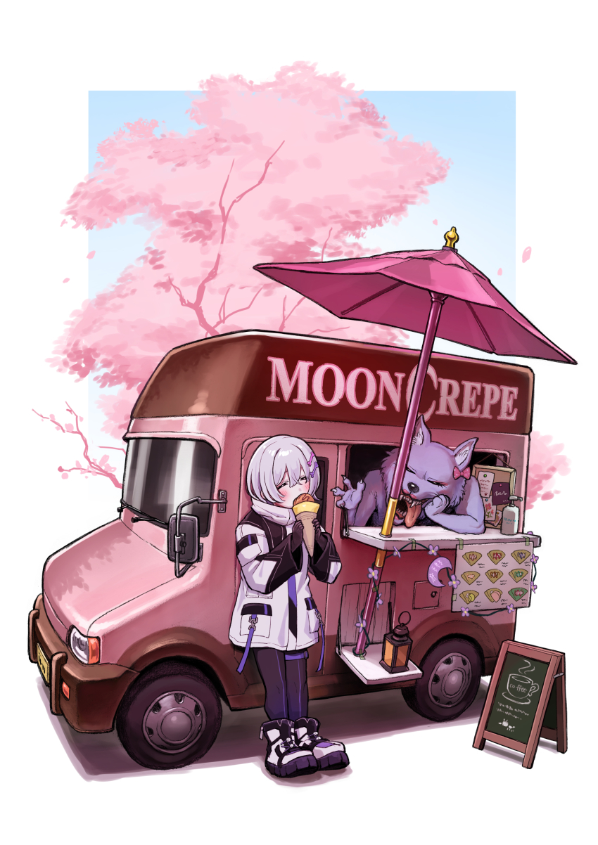 1girl absurdres animal black_gloves black_pantyhose blue_sky bone_hair_ornament boots bow branch cartoon_bone closed_eyes crepe crescent eating flower food food_request food_truck gloves grey_hair hair_ornament highres holding holding_crepe holding_food jacket lantern long_sleeves nishikino_kee original pantyhose parasol pink_bow polka_dot polka_dot_bow purple_flower shadow sky solo tongue tongue_out umbrella white_background white_boots white_jacket wide_sleeves wolf