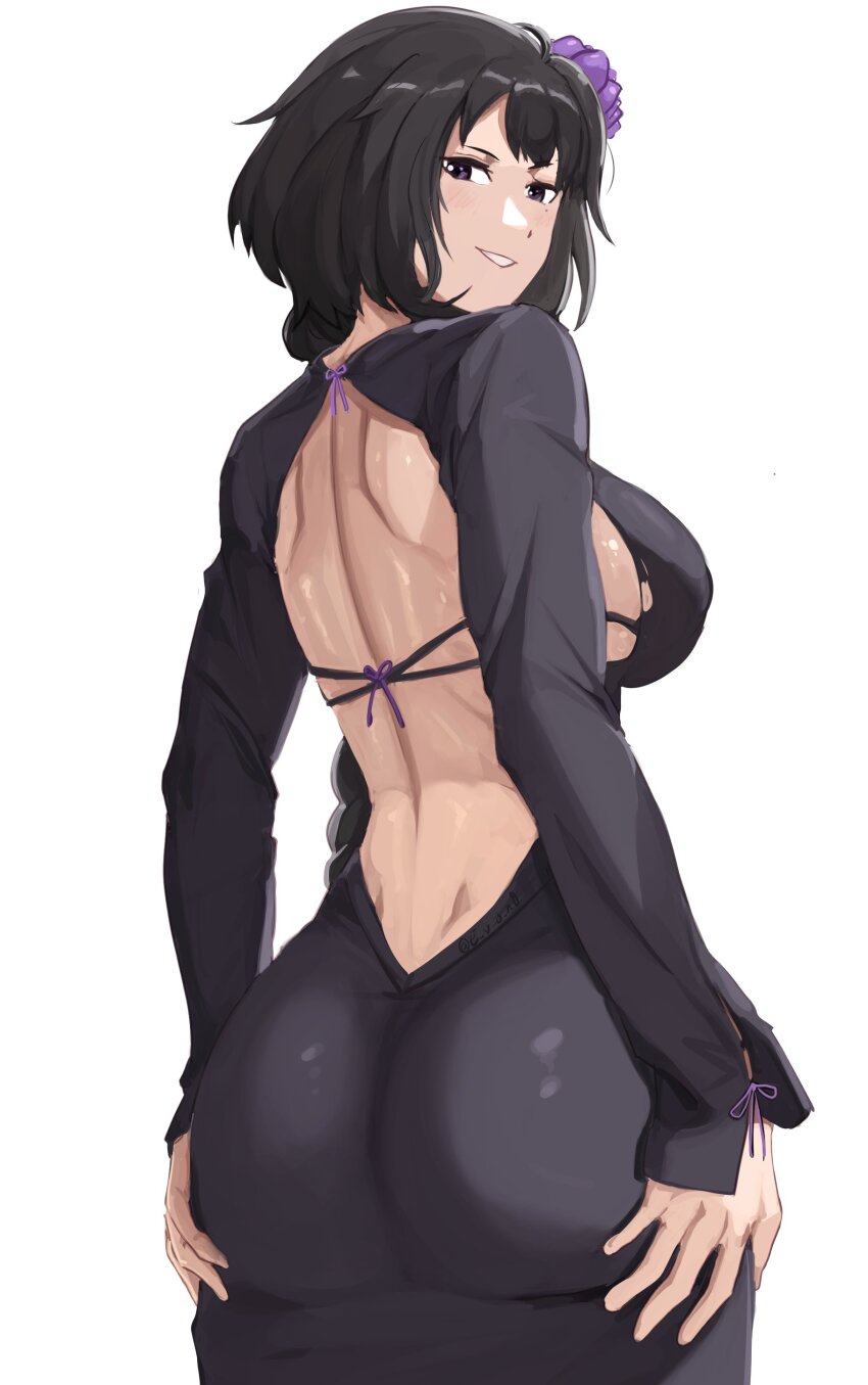 1girl absurdres akihitoevon ass backless_dress backless_outfit black_hair braid breasts cowboy_shot dress elsa_granhilte flower from_behind hair_flower hair_ornament hand_on_own_ass highres large_breasts long_hair looking_at_viewer mole mole_under_eye purple_eyes purple_flower purple_rose re:zero_kara_hajimeru_isekai_seikatsu rose sideboob smile solo