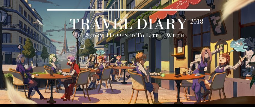 6+girls amanda_o&#039;neill barbara_parker beizhe_mu_jita_de_xiao_zhu bird chair constanze_amalie_von_braunschbank-albrechtsberger diana_cavendish eiffel_tower english_text glasses hannah_england highres jasminka_antonenko kagari_atsuko little_witch_academia lotte_jansson luna_nova_school_uniform multiple_girls paris pigeon road school_uniform street sucy_manbavaran table ursula_callistis