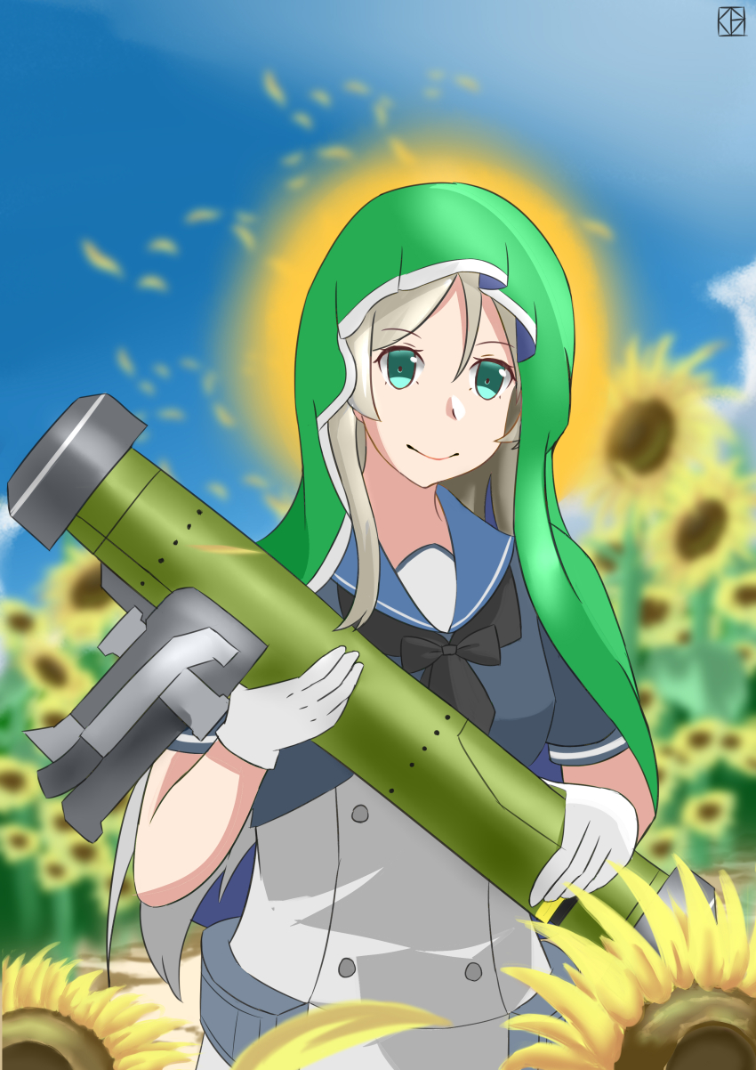 1girl absurdres black_neckerchief blue_jacket blue_sailor_collar blue_sky cloud day dress fgm-148_javelin flower gloves green_eyes green_veil grey_hair highres holding jacket javelin_(kancolle) kantai_collection long_hair man-portable_anti-tank_systems meme missile_launcher name_connection neckerchief object_namesake outdoors parody plzs precision-guided_firearm rocket_launcher sailor_collar saint_javelin_(meme) sky solo sunflower upper_body veil weapon white_dress white_gloves
