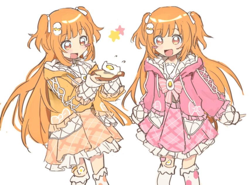 0_scyf 2girls :d bandaid bandaid_on_leg blush blush_stickers bow bowtie bread bread_slice brooch collared_shirt dual_persona egg_hair_ornament food food-themed_hair_ornament fried_egg fried_egg_on_toast frilled_jacket frilled_skirt frilled_sleeves frills hair_ornament hair_ribbon hands_up hashtag-only_commentary highres holding holding_food jacket jewelry kirara_tamako kirara_tamako_(2nd_costume) long_hair long_sleeves multiple_girls nijisanji official_alternate_costume open_clothes open_jacket open_mouth orange_bow orange_bowtie orange_eyes orange_hair orange_jacket orange_skirt pink_bow pink_bowtie pink_jacket pink_skirt plaid_clothes plaid_skirt pleated_skirt polka_dot polka_dot_thighhighs puffy_long_sleeves puffy_sleeves ribbon shirt sidelocks simple_background skirt smile standing star_(symbol) striped_bow striped_bowtie striped_clothes thighhighs toast two_side_up very_long_hair virtual_youtuber white_background white_jacket white_ribbon white_shirt white_thighhighs