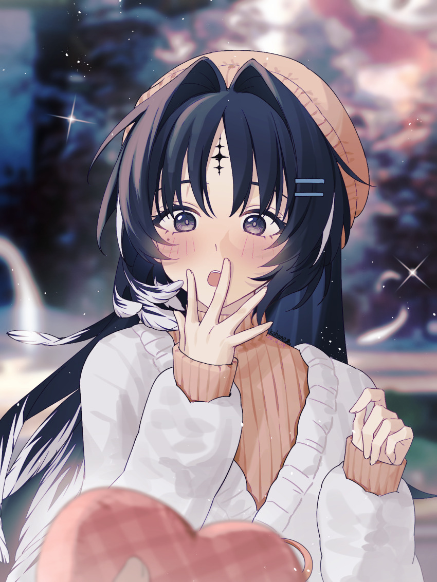 1girl 1other :o alternate_costume black_eyes black_hair blurry blurry_background blush brown_hat chinese_commentary commentary_request feather_hair hair_intakes hand_up hat highres kohane_kun long_hair long_sleeves looking_at_object mole mole_under_eye open_mouth orange_shirt parted_bangs pov pov_hands ribbed_shirt shirt solo_focus surprised sweater tacet_mark_(wuthering_waves) upper_body white_sweater wuthering_waves yangyang_(wuthering_waves)