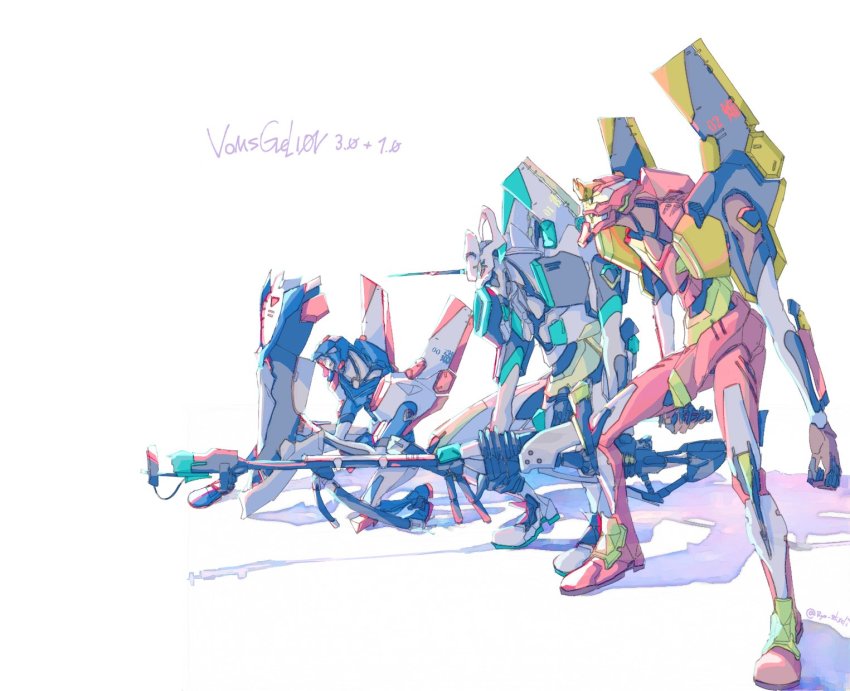 amano_pikamee commentary_request highres hikasa_tomoshika holding holding_weapon horns jitomi_monoe looking_away mecha mechanization no_humans robot ryo_(ryo_skrdi) shadow signature single_horn standing twitter_username virtual_youtuber voms weapon white_background