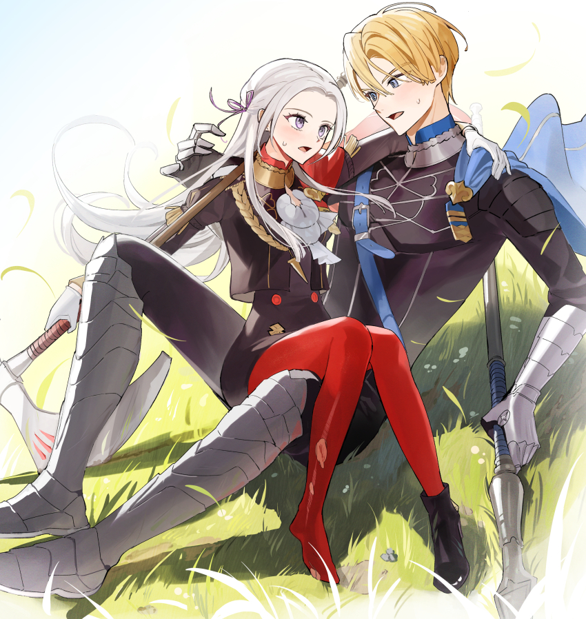 1boy 1girl absurdres arm_around_shoulder arm_guards armored_boots armored_gloves axe battle_axe black_pants black_shoes blonde_hair blue_capelet blue_eyes blurry blurry_background blush boots capelet center_opening chest_belt commentary_request couple dimitri_alexandre_blaiddyd edelgard_von_hresvelg embarrassed fire_emblem fire_emblem:_three_houses floating from_side garreg_mach_monastery_uniform gloves grass hair_between_eyes hair_flowing_over hair_ribbon hetero highres holding holding_axe ikaikakka knees_together_feet_apart leaning_back leaning_on_person leaning_to_the_side long_hair long_sleeves looking_at_another looking_down looking_to_the_side looking_up military_uniform nintendo on_grass open_mouth outdoors pants pantyhose parted_bangs polearm purple_eyes purple_ribbon red_capelet red_pantyhose ribbon shade shadow shoes short_hair single_shoe sitting sitting_on_person spread_legs sweatdrop weapon white_gloves white_hair
