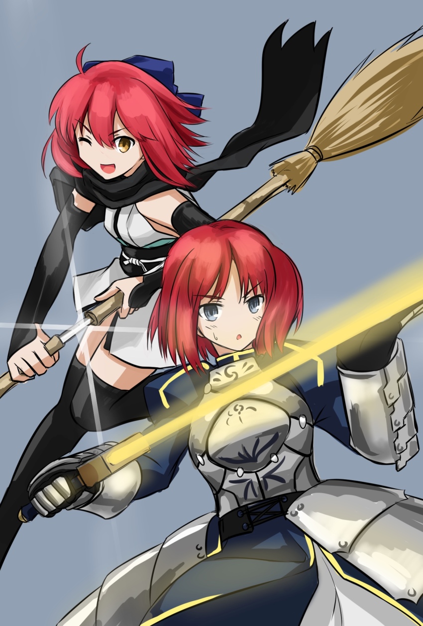 2girls armor artoria_pendragon_(fate) black_scarf blue_dress blue_eyes blue_ribbon breastplate broom chiizu_ore concealed_weapon cosplay dress excalibur_(fate/stay_night) excalibur_(mythology) fate_(series) gauntlets glint glowing glowing_sword glowing_weapon grey_background hair_ribbon highres hisui_(tsukihime) japanese_clothes kimono kohaku_(tsukihime) medium_hair multiple_girls obi okita_souji_(fate) okita_souji_(koha-ace) okita_souji_(koha-ace)_(cosplay) one_eye_closed open_mouth red_hair ribbon saber_(fate) saber_(fate)_(cosplay) sash scarf sheath siblings simple_background sisters sweatdrop sword thighhighs tsukihime unsheathing weapon yellow_eyes yukata
