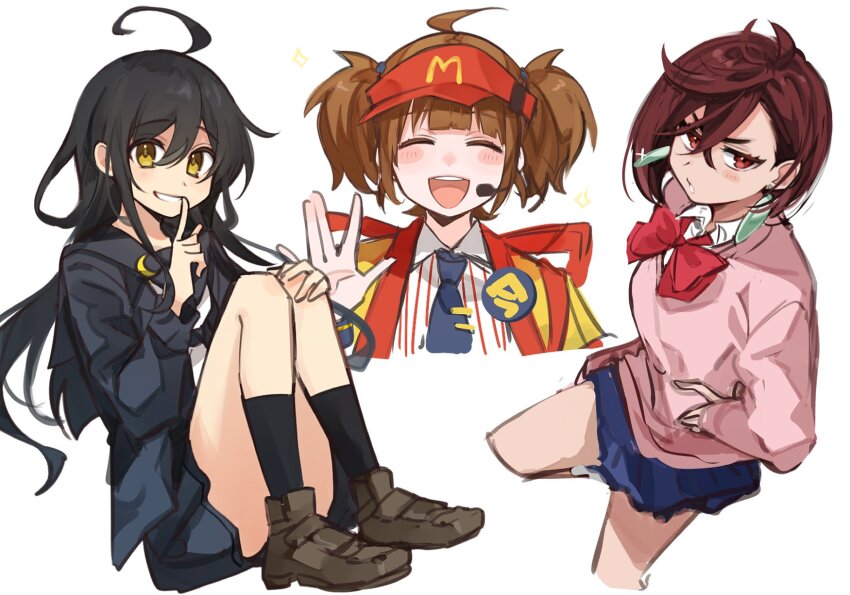 3girls ahoge ayase_momo black_hair black_serafuku black_skirt black_socks blue_skirt blush bow bowtie brown_footwear brown_hair cardigan closed_eyes collared_shirt crossed_bangs crossover dandadan imadake_dabuchi_tabemi earrings hat headset highres jewelry kantai_collection kneehighs loafers long_hair long_sleeves mcdonald&#039;s mikazuki_(kancolle) multiple_crossover multiple_girls necktie open_mouth red_bow red_bowtie red_eyes red_hat sailor_collar school_uniform serafuku shirt shoes short_hair simple_background sitting skirt socks sparkle striped_clothes striped_shirt tsumikitsuki_(katsuobushi) twintails very_long_hair visor_cap white_background white_shirt yellow_eyes